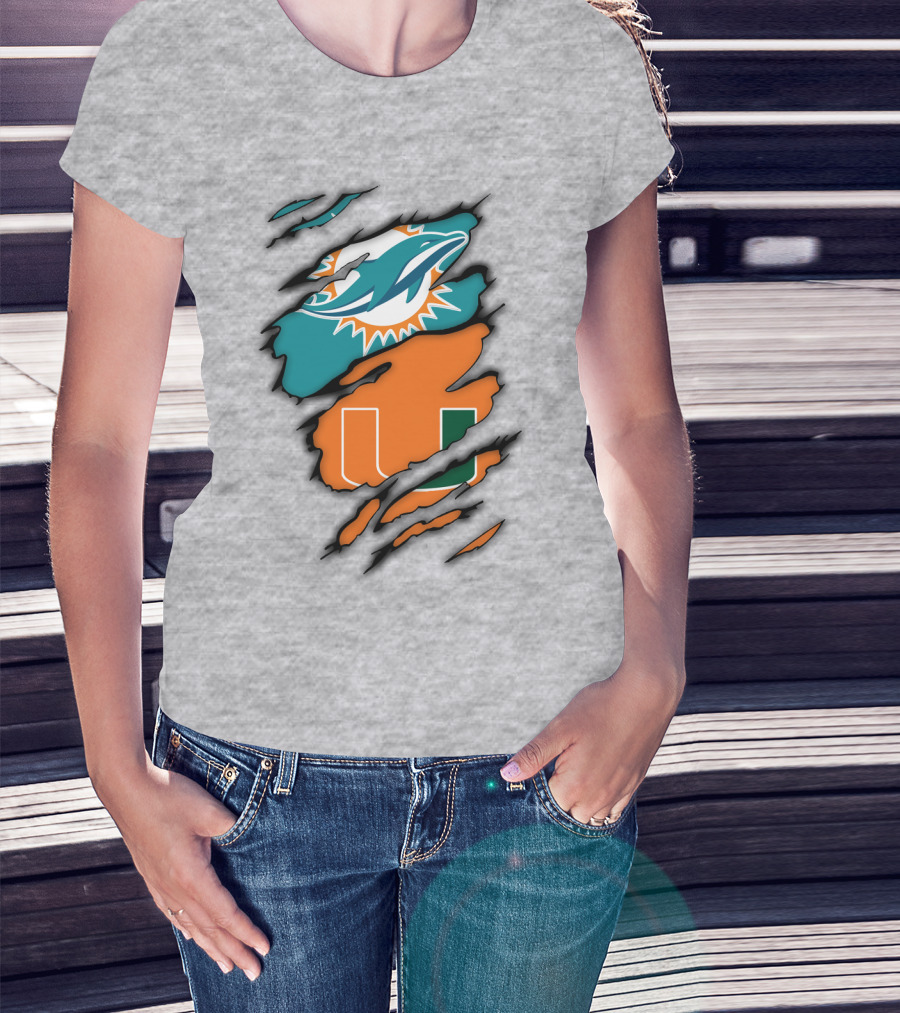 Miami Hurricanes Miami Dolphins Logo Design Claw Mark Style T-Shirt