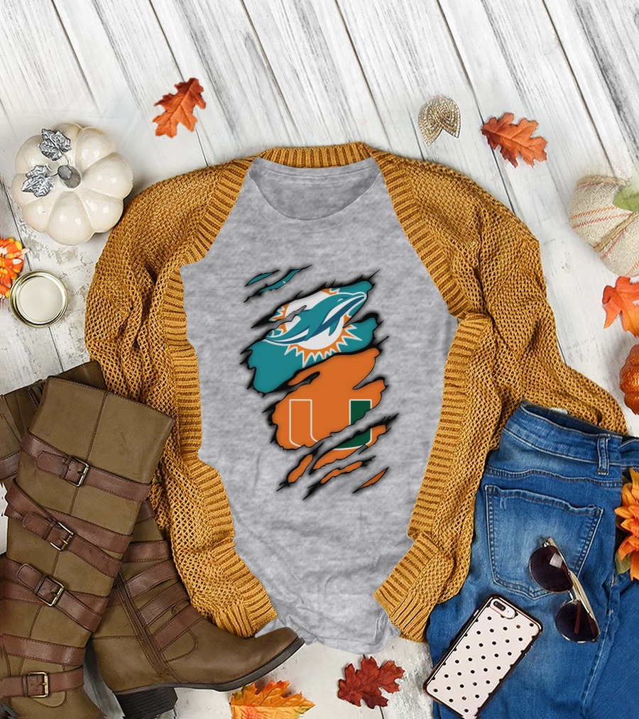 Miami Hurricanes Miami Dolphins Logo Design Claw Mark Style T-Shirt
