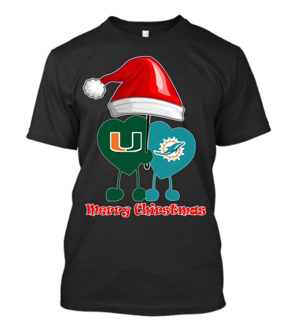 Merry Christmas Miami Dolphins Miami Hurricanes Santa Hat Hearts T-Shirt