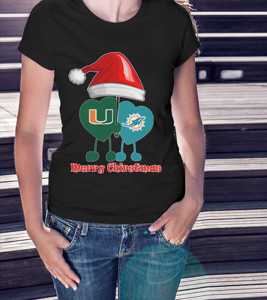 Merry Christmas Miami Dolphins Miami Hurricanes Santa Hat Hearts T-Shirt