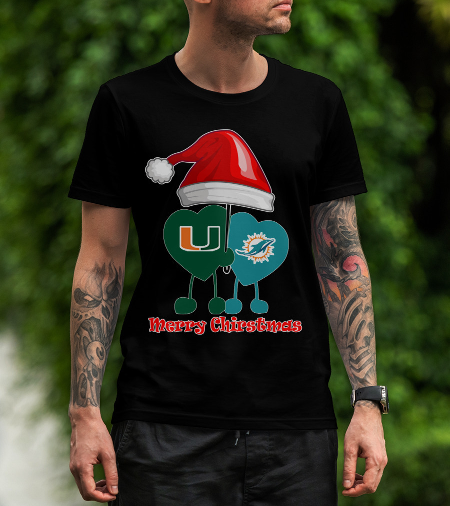 Merry Christmas Miami Dolphins Miami Hurricanes Santa Hat Hearts T-Shirt