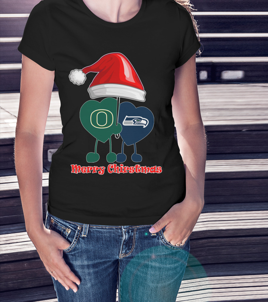 Merry Christmas Oregon Seattle Seahawks Holiday Hat Hearts T-Shirt