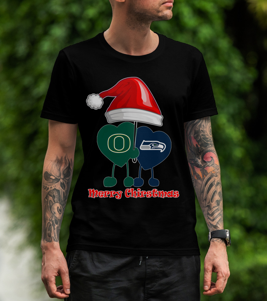 Merry Christmas Oregon Seattle Seahawks Holiday Hat Hearts T-Shirt