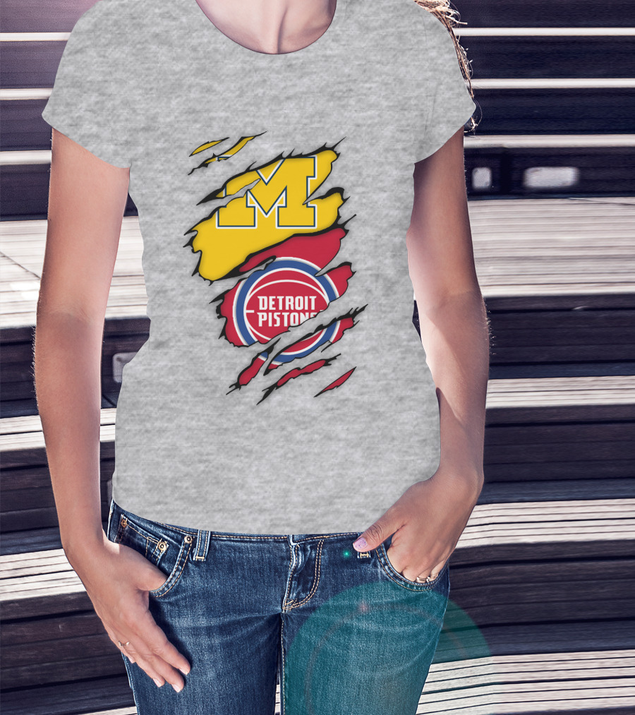 Detroit Pistons Michigan Wolverines Team Logo Mashup T-Shirt