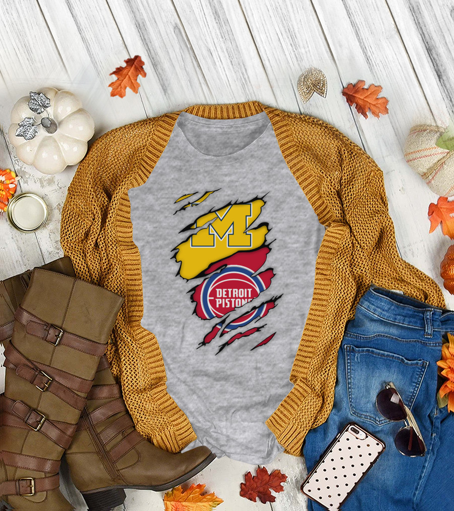 Detroit Pistons Michigan Wolverines Team Logo Mashup T-Shirt