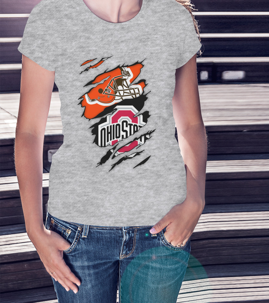 Cleveland Browns Helmet And Ohio State Buckeyes Logo Ripped T-Shirt