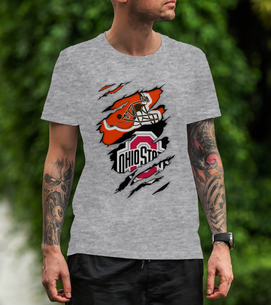 Cleveland Browns Helmet And Ohio State Buckeyes Logo Ripped T-Shirt