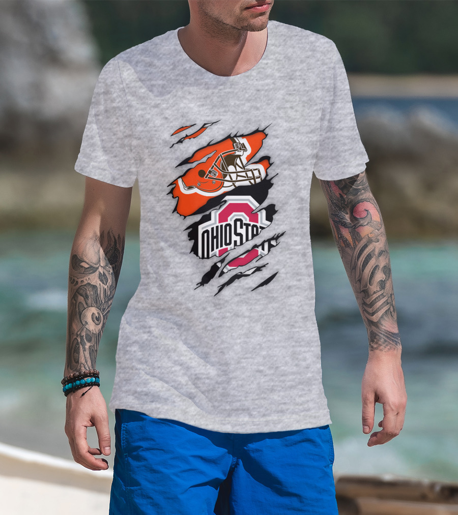 Cleveland Browns Helmet And Ohio State Buckeyes Logo Ripped T-Shirt