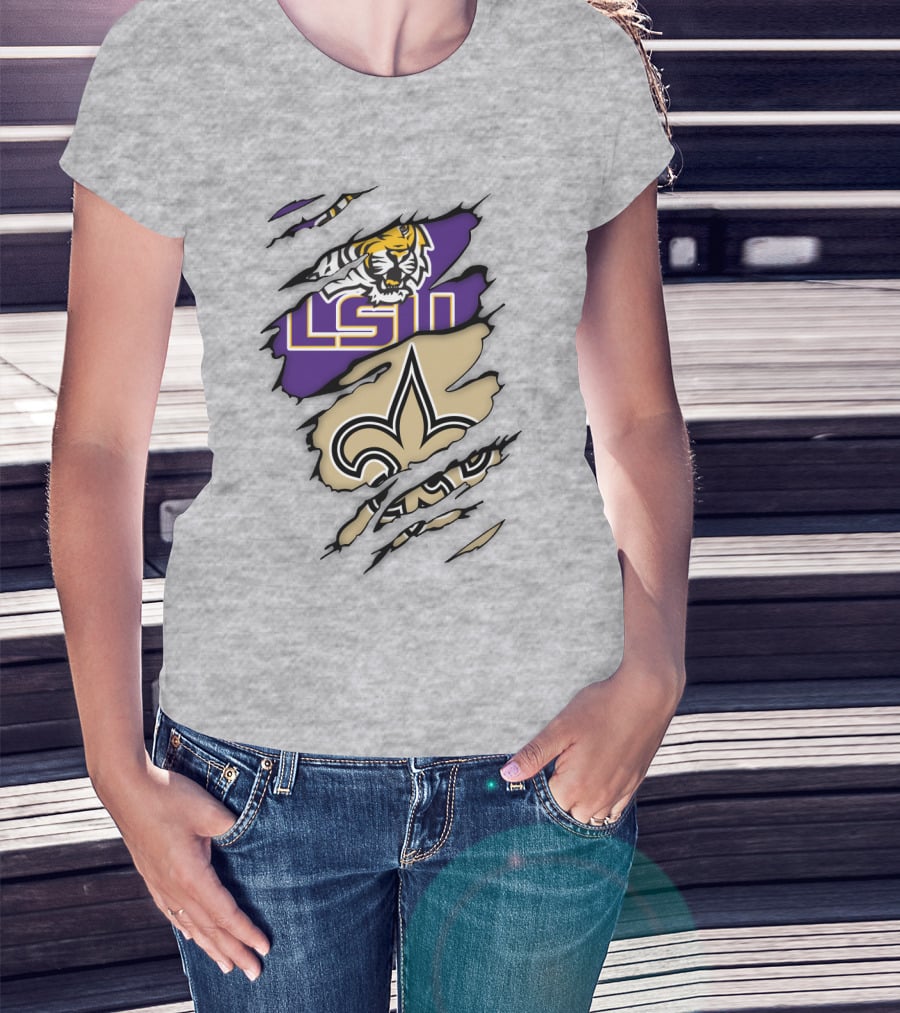 Lsu Tigers And New Orleans Saints Tearaway Tiger Fleur-De-Lis T-Shirt