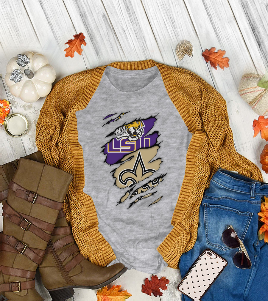 Lsu Tigers And New Orleans Saints Tearaway Tiger Fleur-De-Lis T-Shirt
