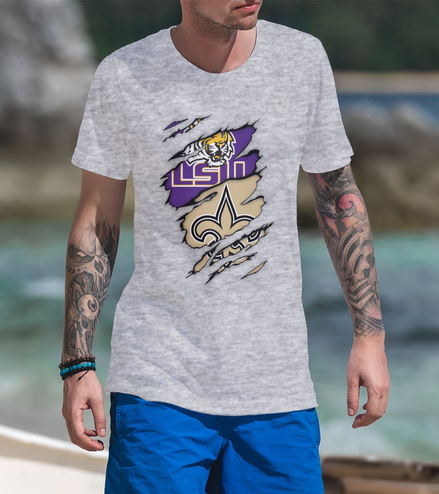 Lsu Tigers And New Orleans Saints Tearaway Tiger Fleur-De-Lis T-Shirt