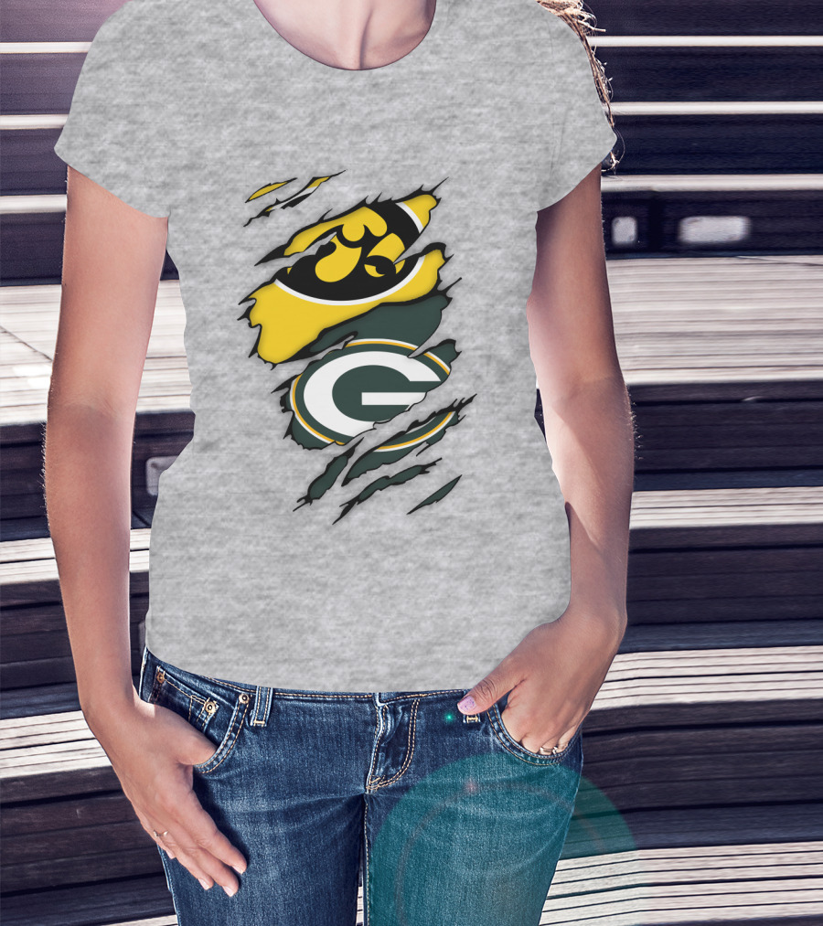 Green Bay Packers Iowa Hawkeyes Team Spirit Logo Fusion T-Shirt