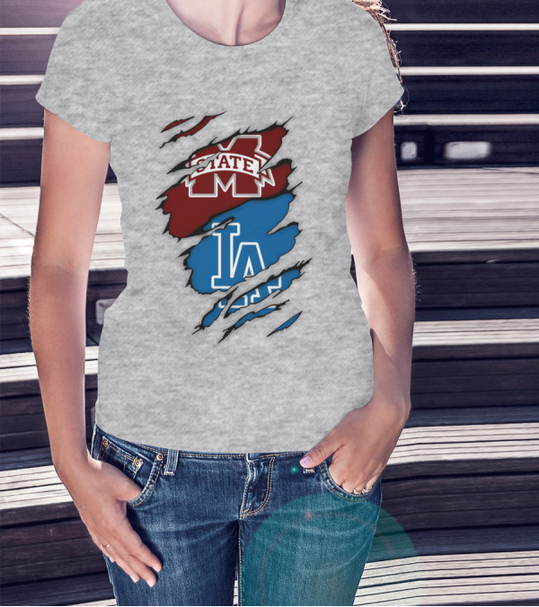 Los Angeles Dodgers LA Mississippi State MS State Torn Effect T-Shirt
