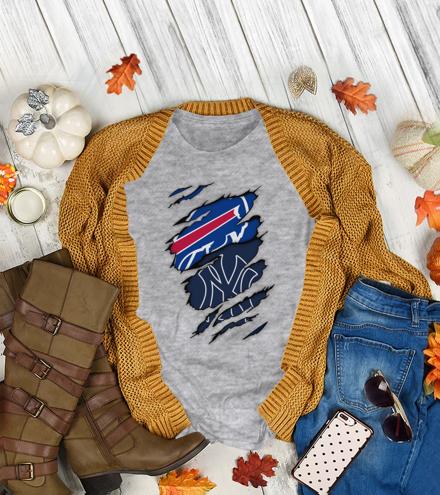 New York Yankees Buffalo Bills Torn Logo Mashup T-Shirt