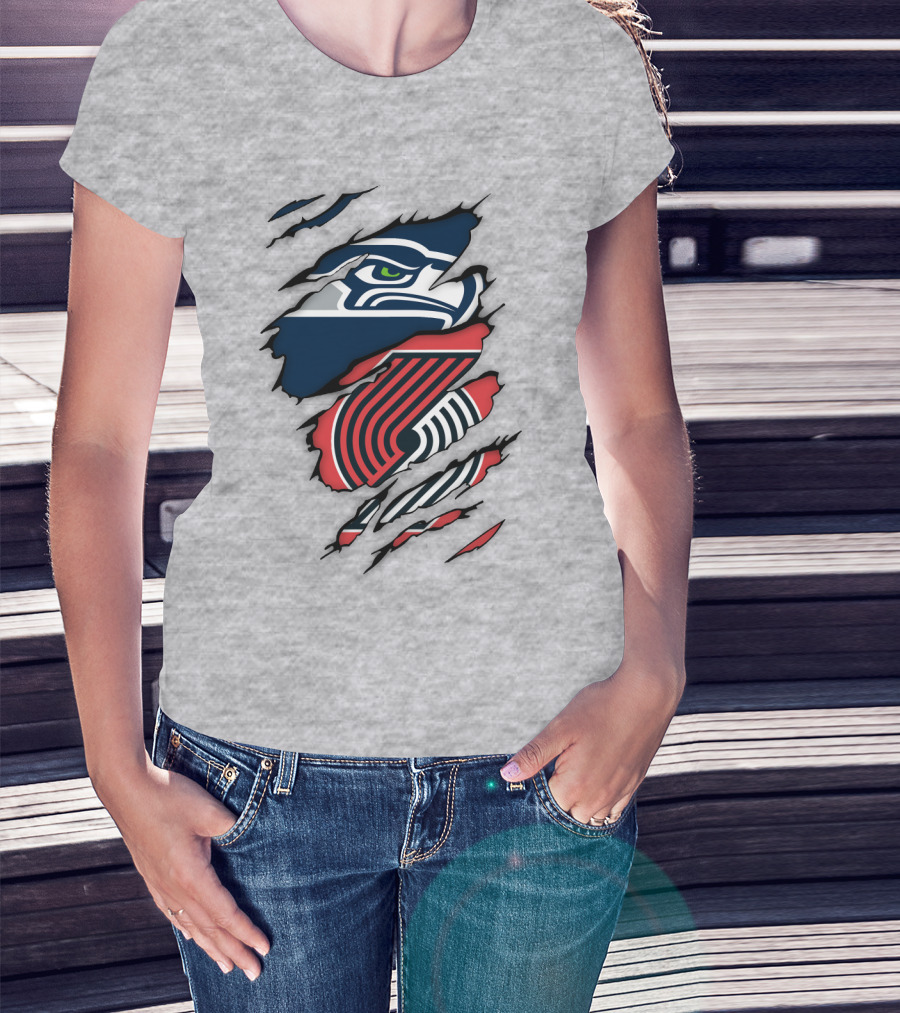 Portland Trail Blazers Seattle Seahawks Ripped Logo Fusion T-Shirt
