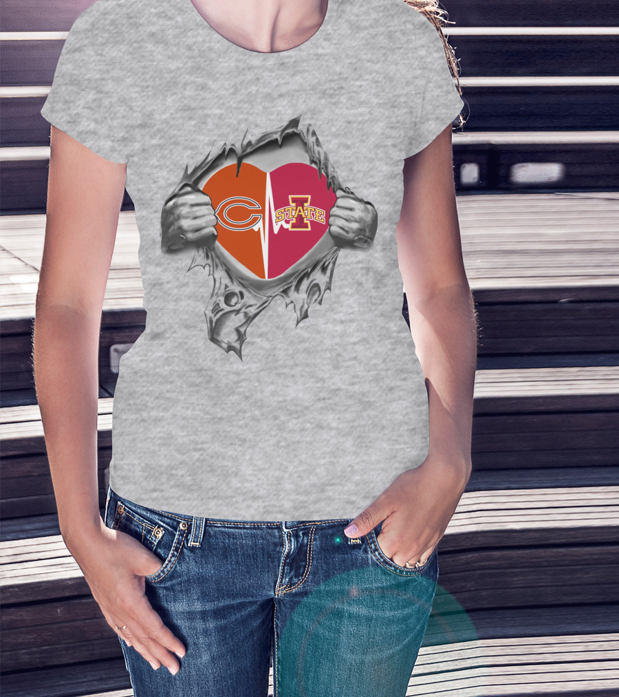 Iowa State Chicago Bears Logo Heart Ripped T-Shirt