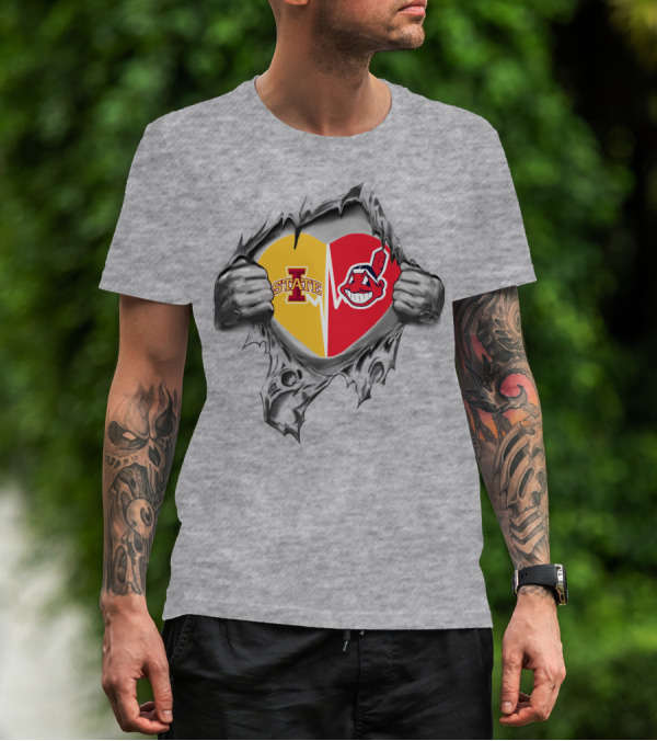 Iowa State Cyclones Cleveland Indians Heart Logo Hands Peeling T-Shirt