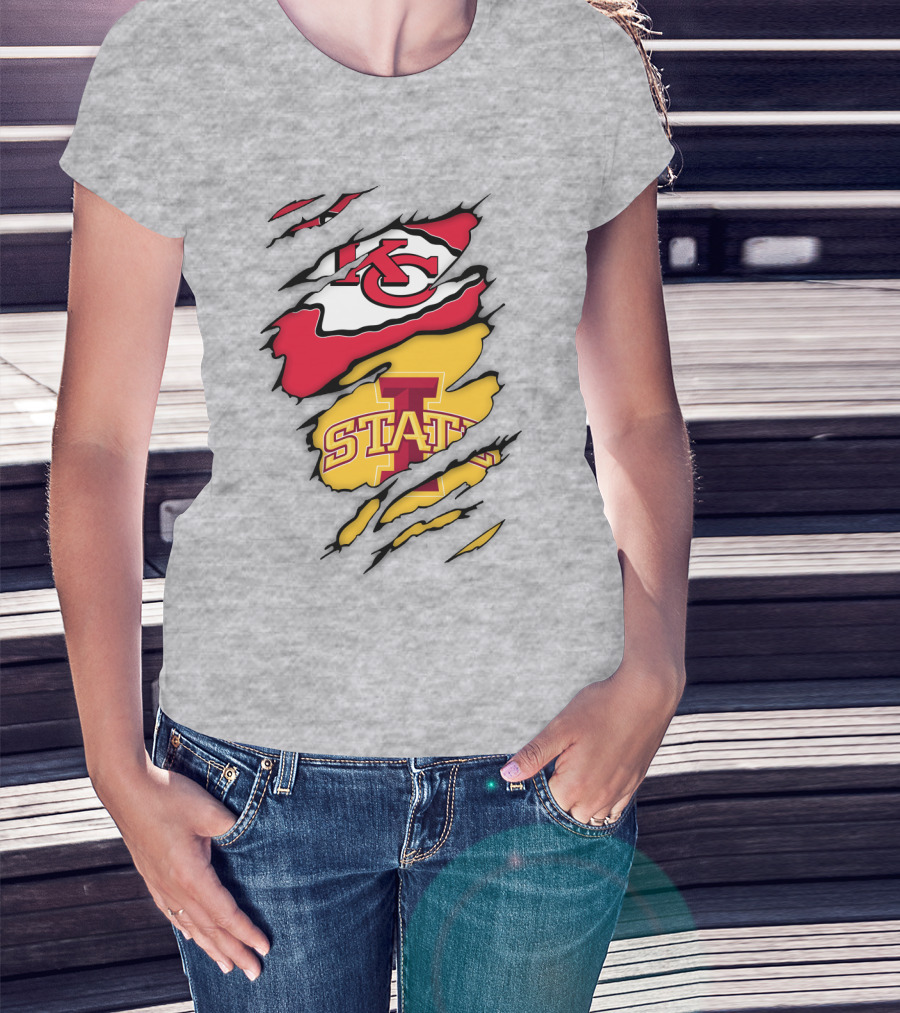 Iowa State Cyclones Kansas City Chiefs Logo Ripped Style T-Shirt