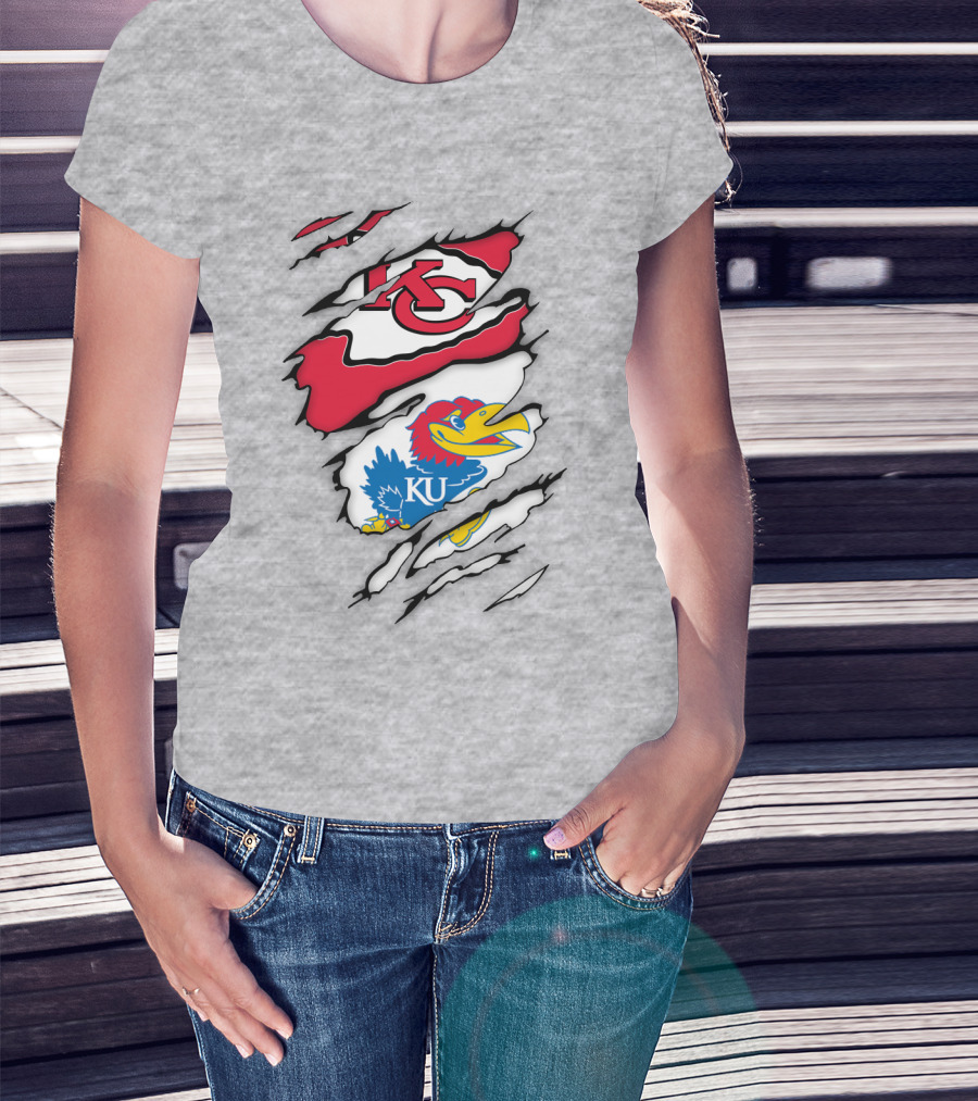 Kansas City Chiefs And Ku Jayhawks Logos Torn T-Shirt
