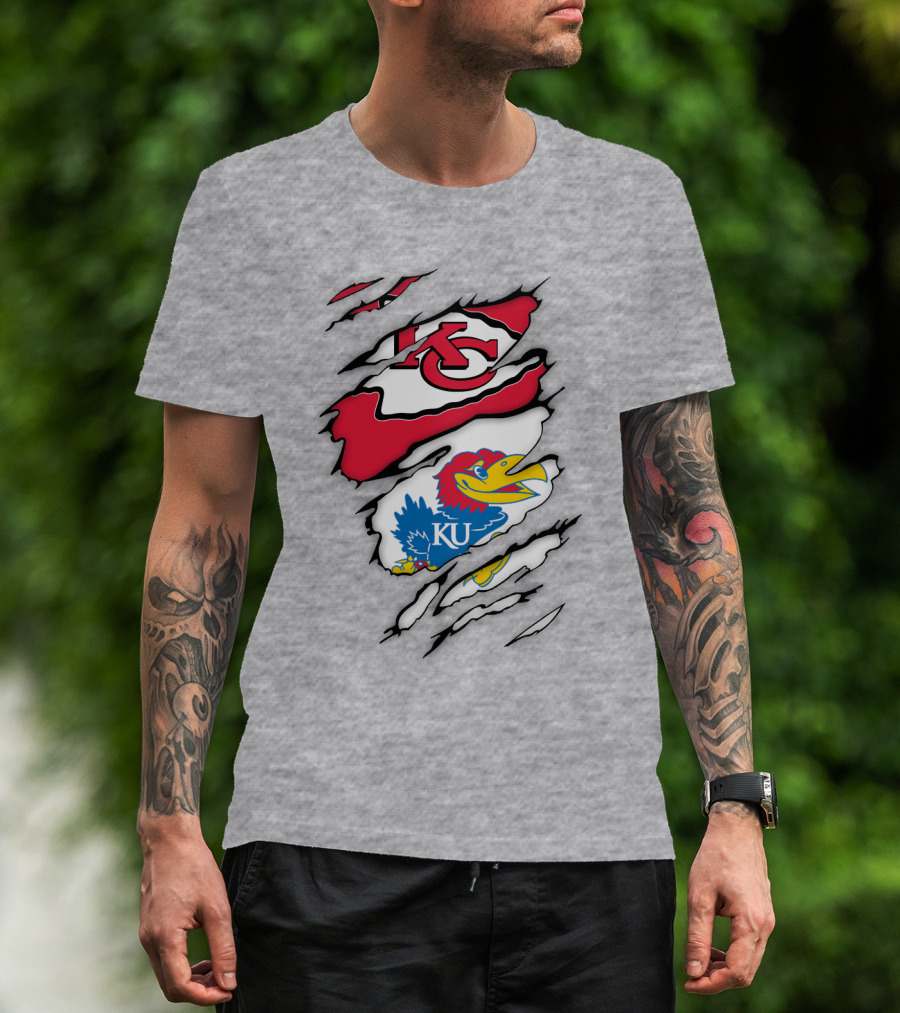 Kansas City Chiefs And Ku Jayhawks Logos Torn T-Shirt