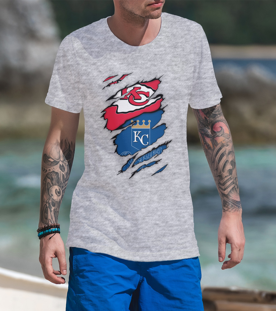 Kansas City Royals Kc And Kansas City Chiefs Arrowhead Red Blue Logo Fusion T-Shirt
