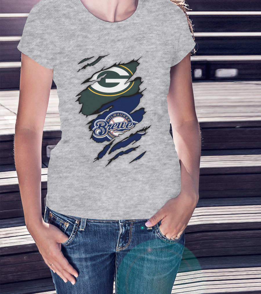 Milwaukee Brewers Green Bay Packers Logos Claw Marks T-Shirt