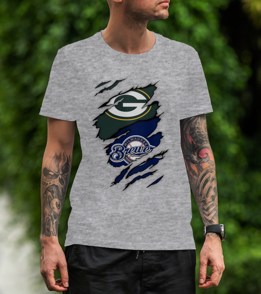 Milwaukee Brewers Green Bay Packers Logos Claw Marks T-Shirt
