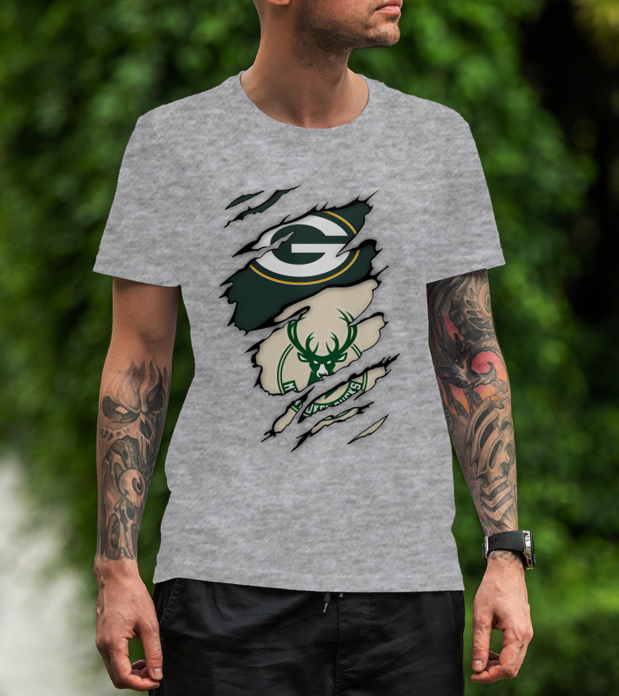 Green Bay Packers Milwaukee Bucks Ripped Reveal Logo Fusion T-Shirt
