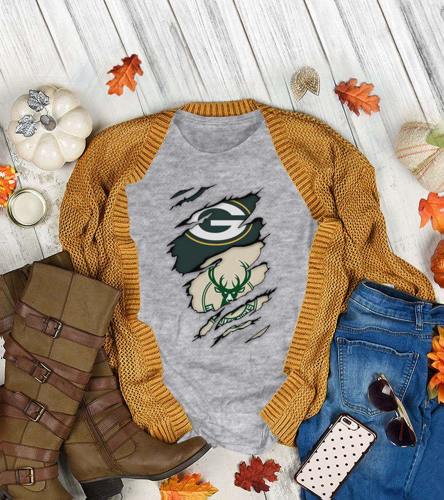 Green Bay Packers Milwaukee Bucks Ripped Reveal Logo Fusion T-Shirt