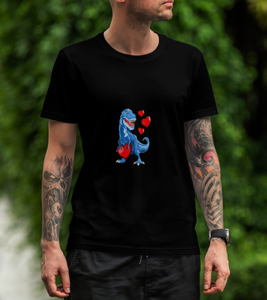 Valentine Blue Dinosaur With Hearts T-Shirt