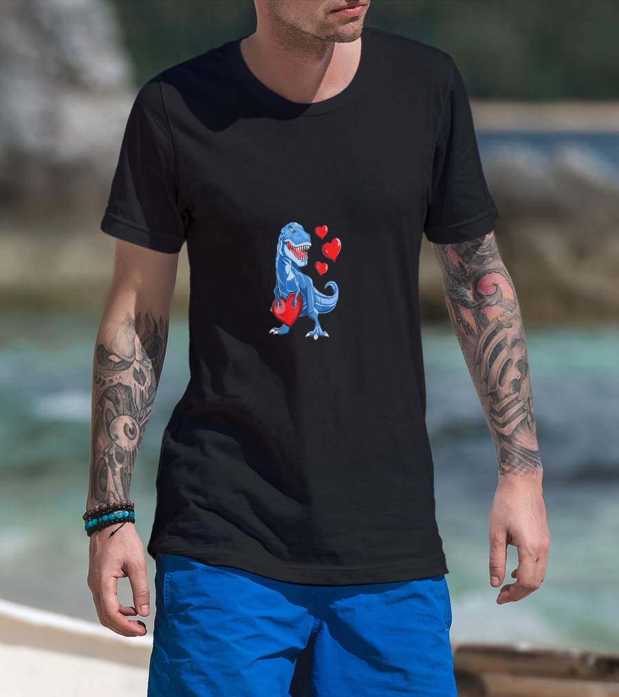 Valentine Blue Dinosaur With Hearts T-Shirt
