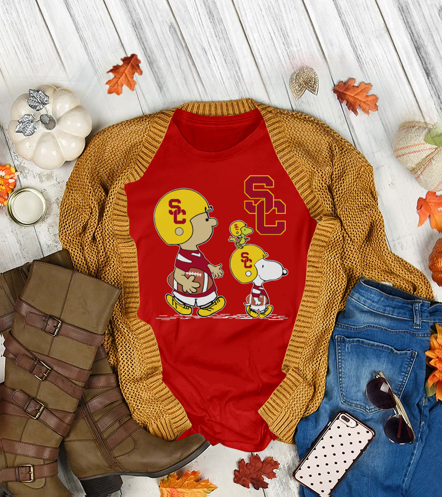 USC Trojans Peanuts Characters Football Theme with SC Helmets T-Shirt