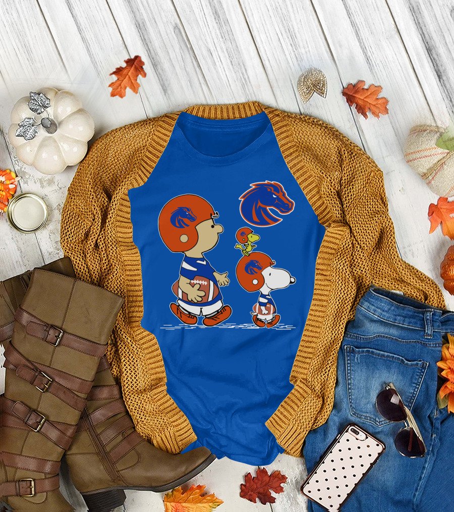 Boise State Broncos Football Characters with Helmets and Mascot T-Shirt