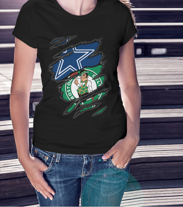 Cowboys Boston Celtics Logo Mashup Ripped T-Shirt