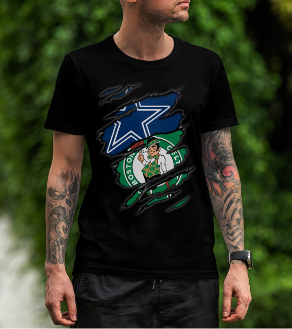 Cowboys Boston Celtics Logo Mashup Ripped T-Shirt