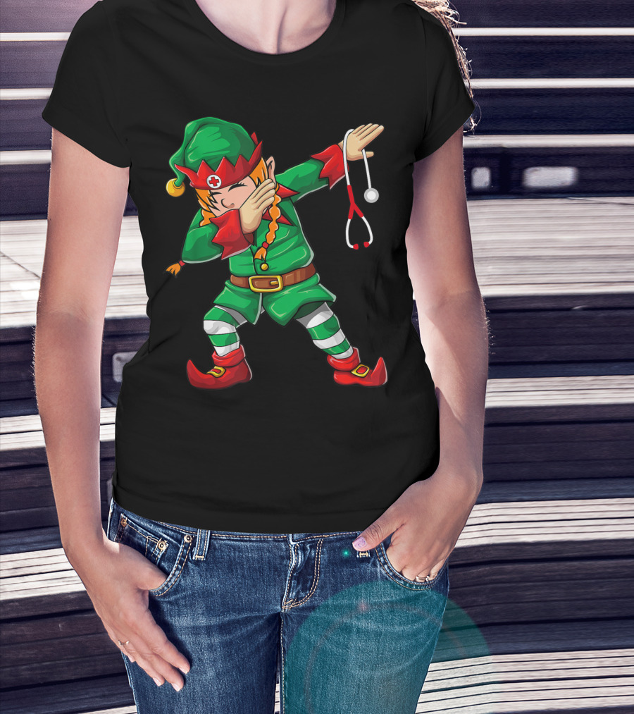 Dabbing Elf Girl Christmas Nurse Stethoscope Scrub Tops T-Shirt