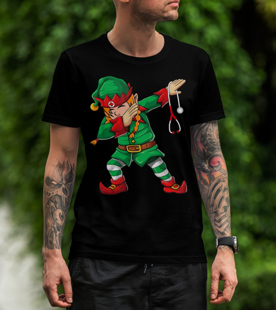 Dabbing Elf Girl Christmas Nurse Stethoscope Scrub Tops T-Shirt