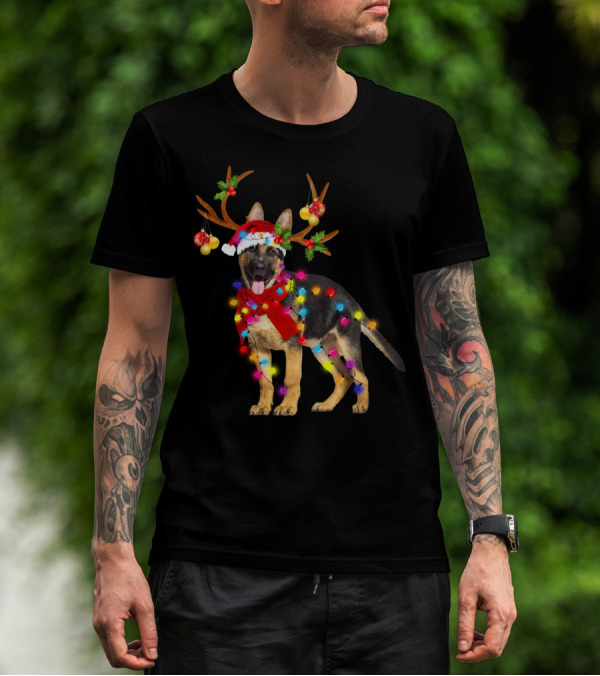 German Shepherd Christmas Dog With Reindeer Antlers And Holiday Lights T-Shirt