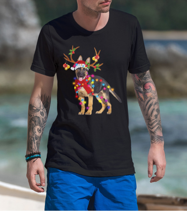 German Shepherd Christmas Dog With Reindeer Antlers And Holiday Lights T-Shirt