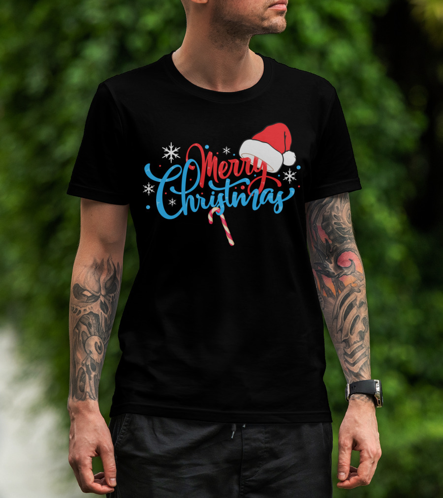 Merry Christmas Nice Santa's Hat Candy Cane Snowflakes T-Shirt