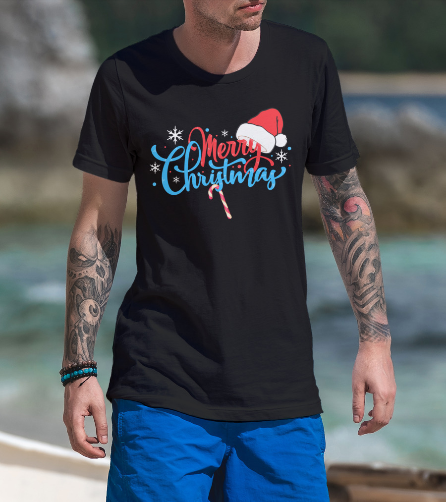 Merry Christmas Nice Santa's Hat Candy Cane Snowflakes T-Shirt