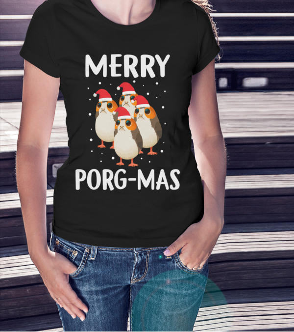 Merry Porg-Mas Christmas Holiday Season With Festive Porgs In Santa Hats T-Shirt