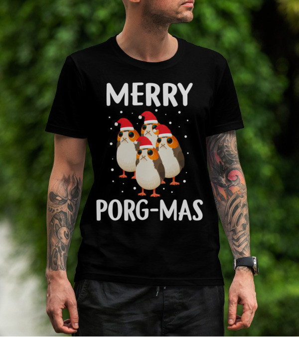 Merry Porg-Mas Christmas Holiday Season With Festive Porgs In Santa Hats T-Shirt
