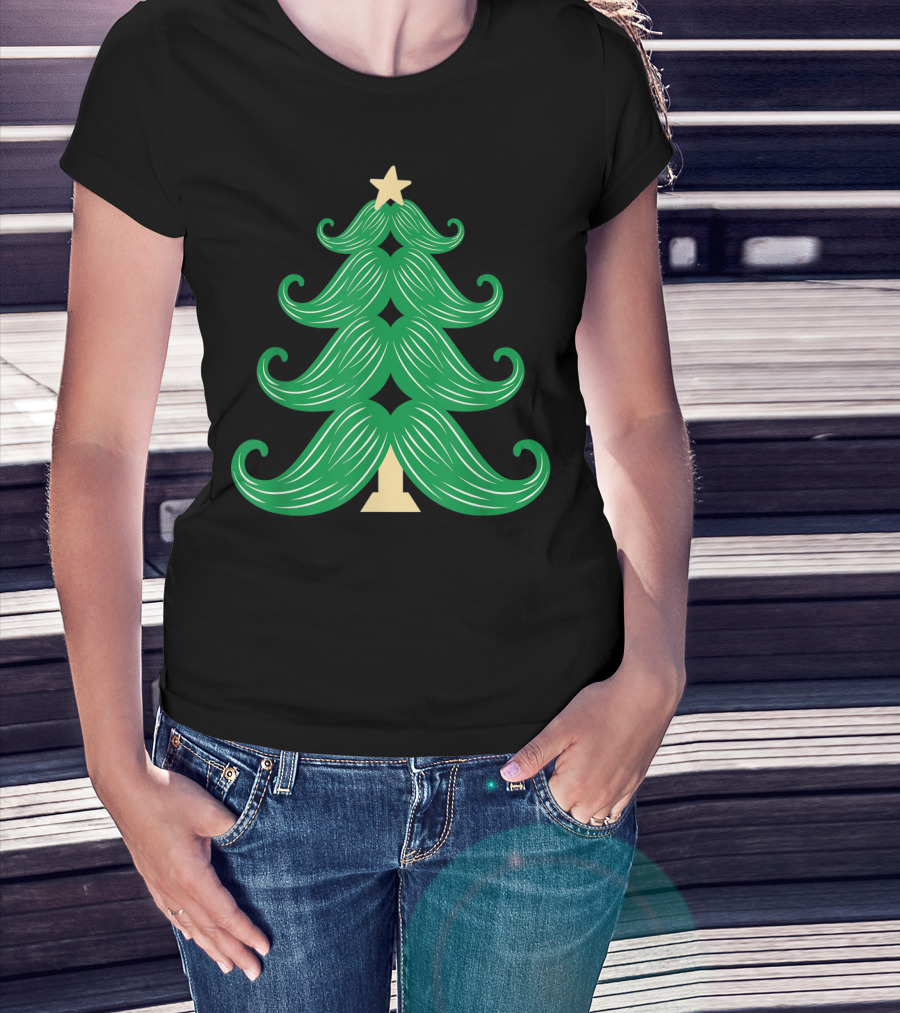 Mustache Christmas Tree Holiday Star T-Shirt