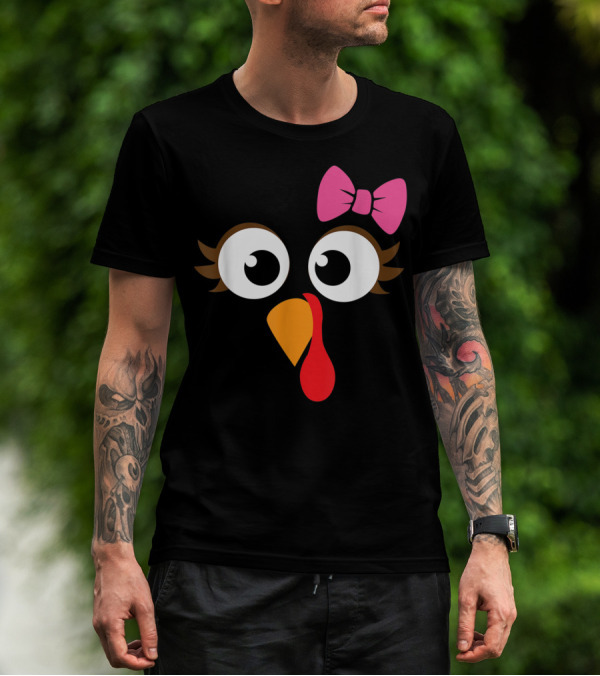 Turkey Face With Pink Bow Girl Cartoon Eyes T-Shirt