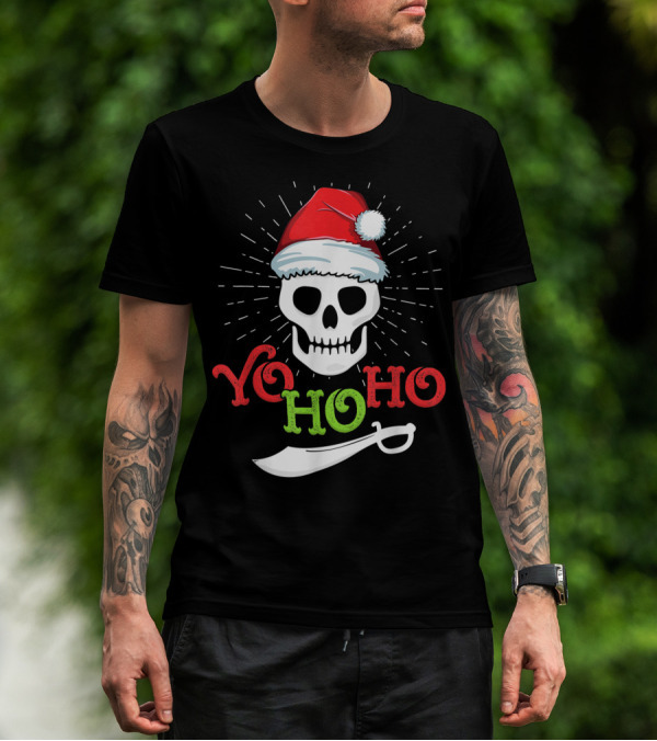 Yo Ho Ho Skull With Santa Hat And Sword T-Shirt