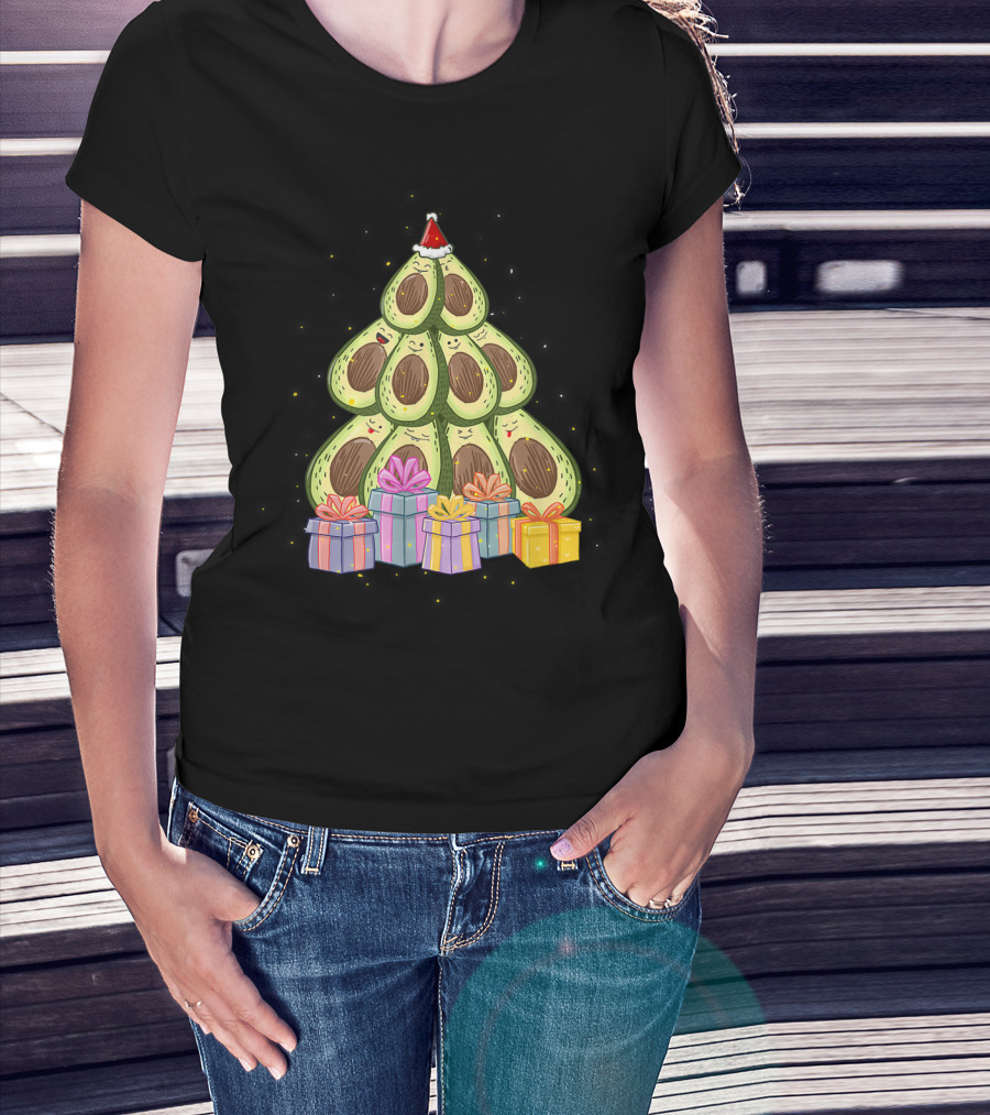 Avocado Christmas Tree With Santa Hat And Presents Avocado Lover T-Shirt