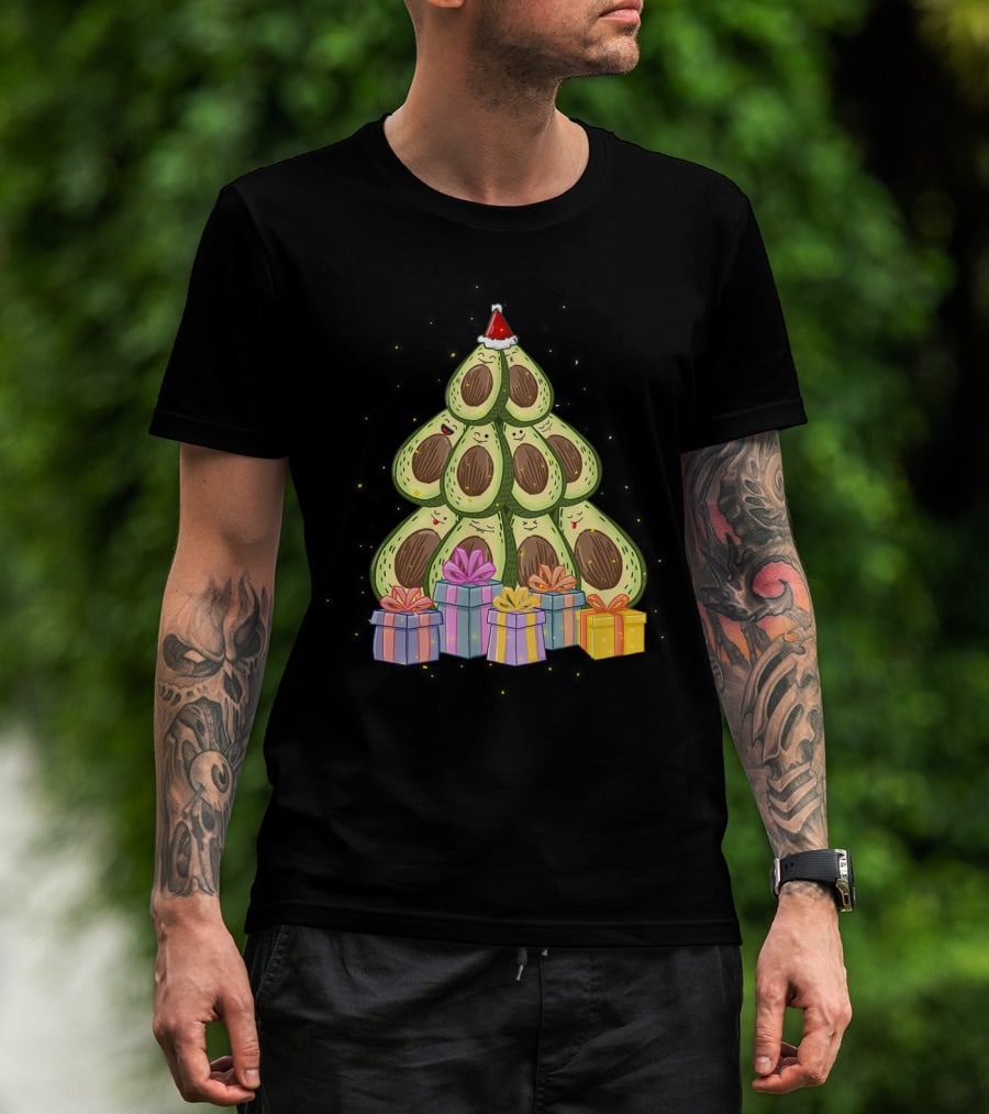 Avocado Christmas Tree With Santa Hat And Presents Avocado Lover T-Shirt