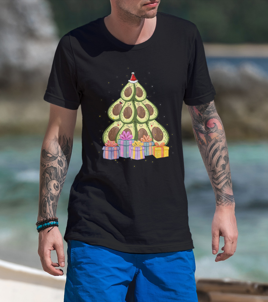 Avocado Christmas Tree With Santa Hat And Presents Avocado Lover T-Shirt