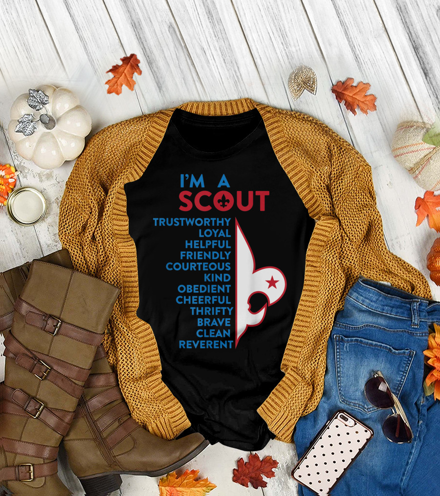 I'm a Scout Scout Law Trustworthy Loyal Helpful Friendly Courteous Kind Obedient Cheerful Thrifty Brave Clean Reverent Fleur-de-lis Star T-Shirt